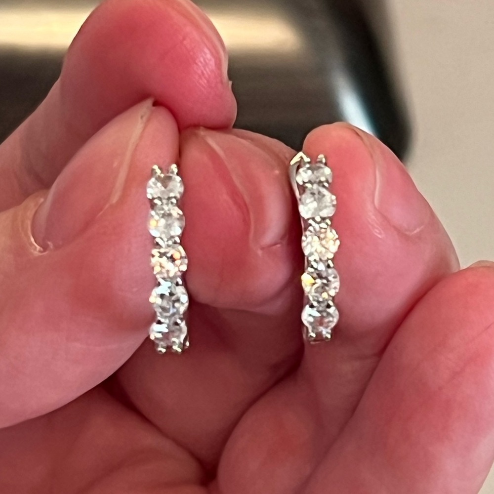 Silver Diamond Huggie Drop Hoop Earrings